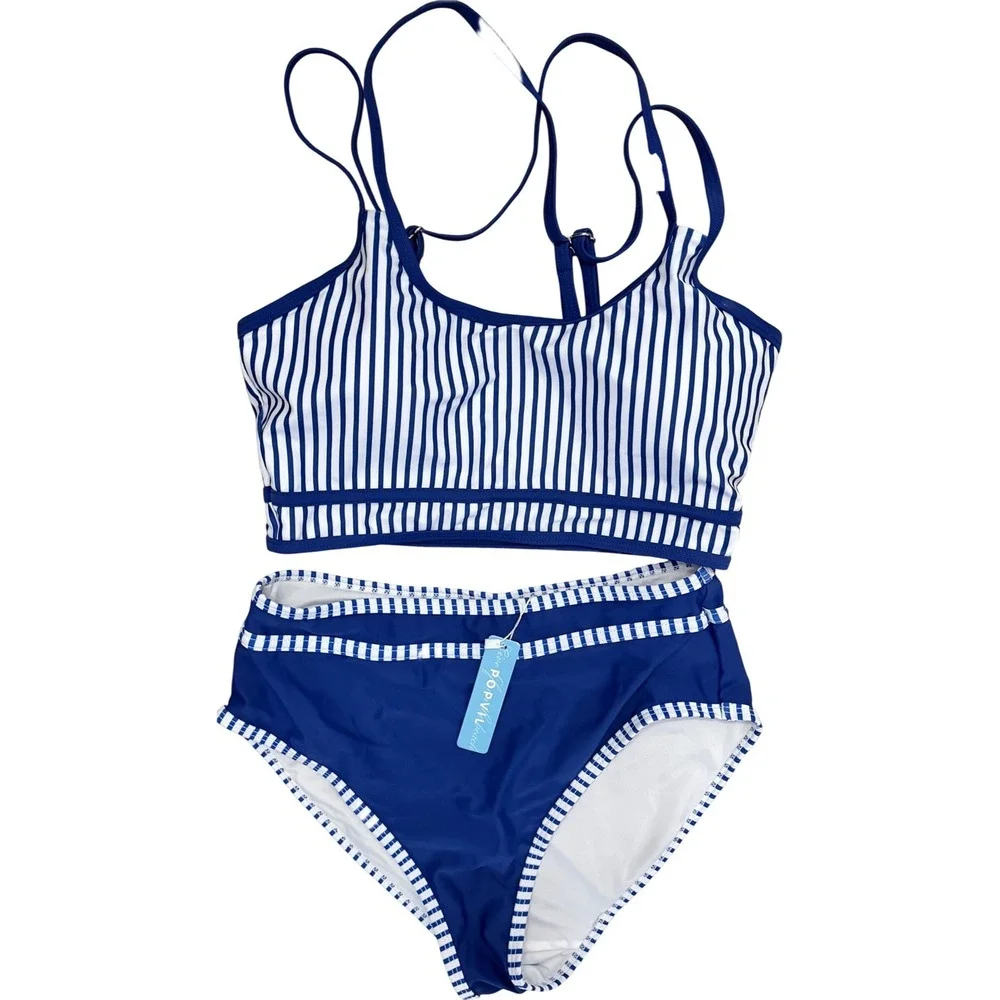 NWT Popvil High Waisted Bikini Set Blue Stripe Crisscross Sporty Bikini Small - Picture 5 of 7